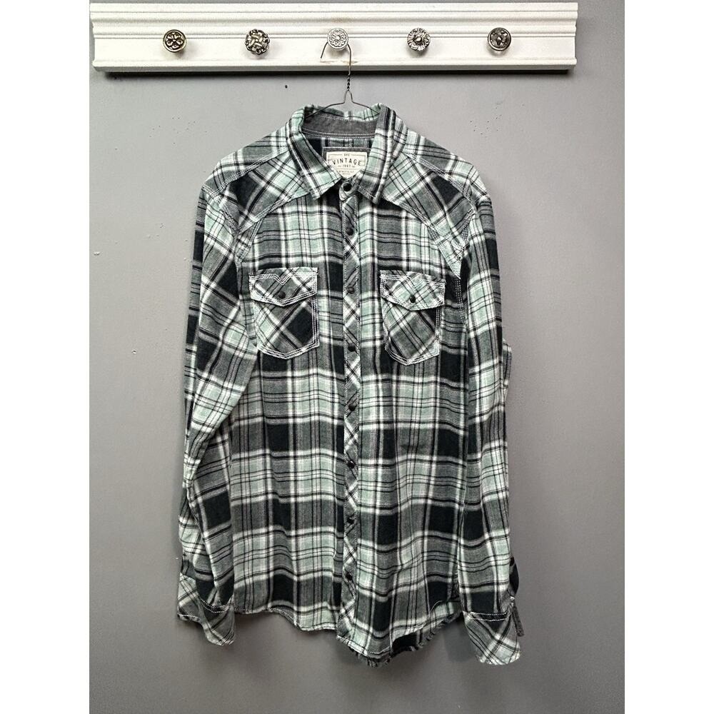 BKE Vintage‎ Shirt Mens Large Green Black Plaid Athletic Fit Western Snap